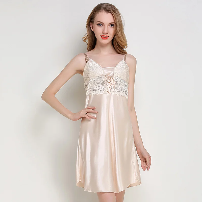 

Nightgown Plus Size Women Clothing Silk Night Dress Sleep Wear Silk Lingerie Nightwear Pink Lace Spaghetti Strap Nighties