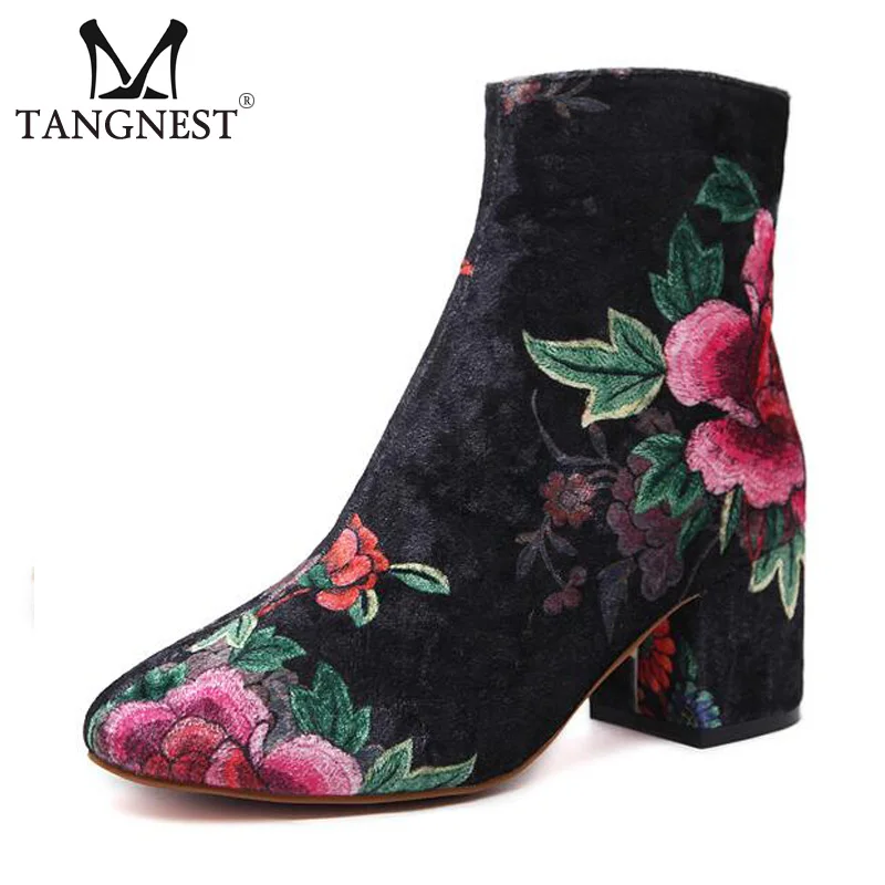 

Tangnest Luxury Brand Embroider Women Boots Elegant Velvet Zipper Ankle Boots Women Retro Square Heels Shoes Size 35~40 XWX6091