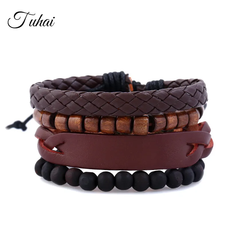 4pcs/set New Vintage Rope Handmade Bead Woven Leather Men Bracelets Women Bangles Female Rock Men Jewelry Accessories