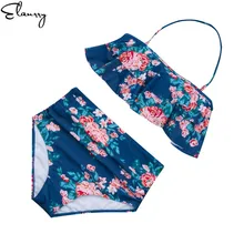 2019 New Women Flouching Bikini Set Sexy Padded Floral High Waisted Swimsuit Plus Size Female Buiquini Print Beach Wear Ladies plus size floral high waisted bandeau bikini set