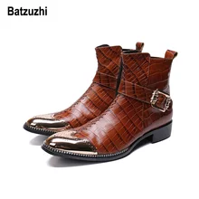 Batzuzhi Handsome Winter Boots Men Rome Brown Genuine Leather Men Boots Short Metal Tip Cowboy Motorcycle Ankle Boots Cool, US12 metal decor luxury brand superstar runway men boots sapatos masculino design men ankle short booties western cowboy hommes boot