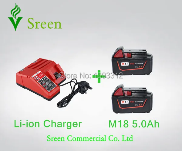 

2PCS 18V 5000mAh Rechargable Lithium Ion Power Tool Battery Packs with Charger Replacement for Milwaukee M18 XC 48-11-1828 M18B