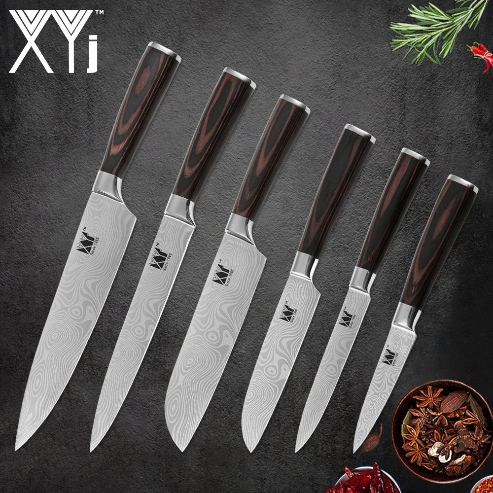 

XYj 6 Piece Stainless Steel Kitchen Beauty Pattern Sharp Blade Bend Non-slip Handle Chef Slicing Santoku Utility Paring Knife