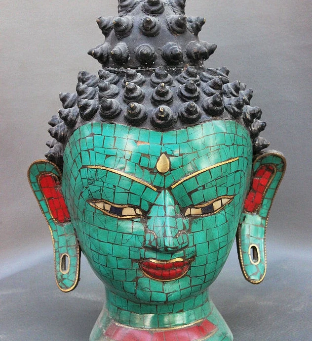 FREE SHIPPING Free shipping 8" Nepal Buddhism Fane Bronze Turquoise Sakyamuni Shakyamuni Head