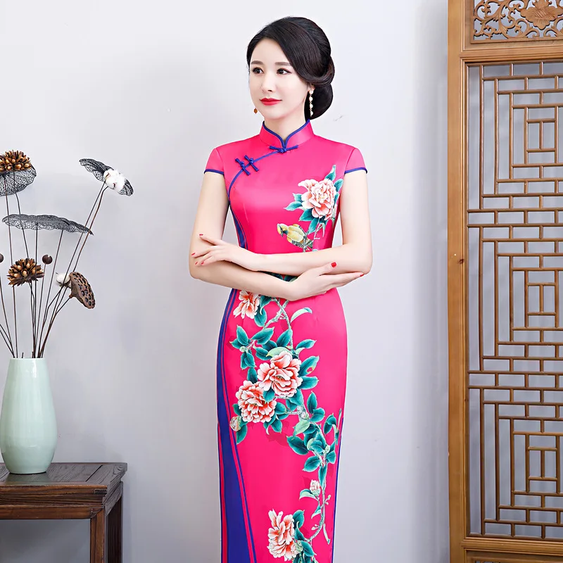 Длинные Винтаж китайский Стиль женское платье-Ципао OverSize M L XL XXL 3XL 4XL 5XL 6XL Qipao Женская атласная Vestidso пикантные весенние платья