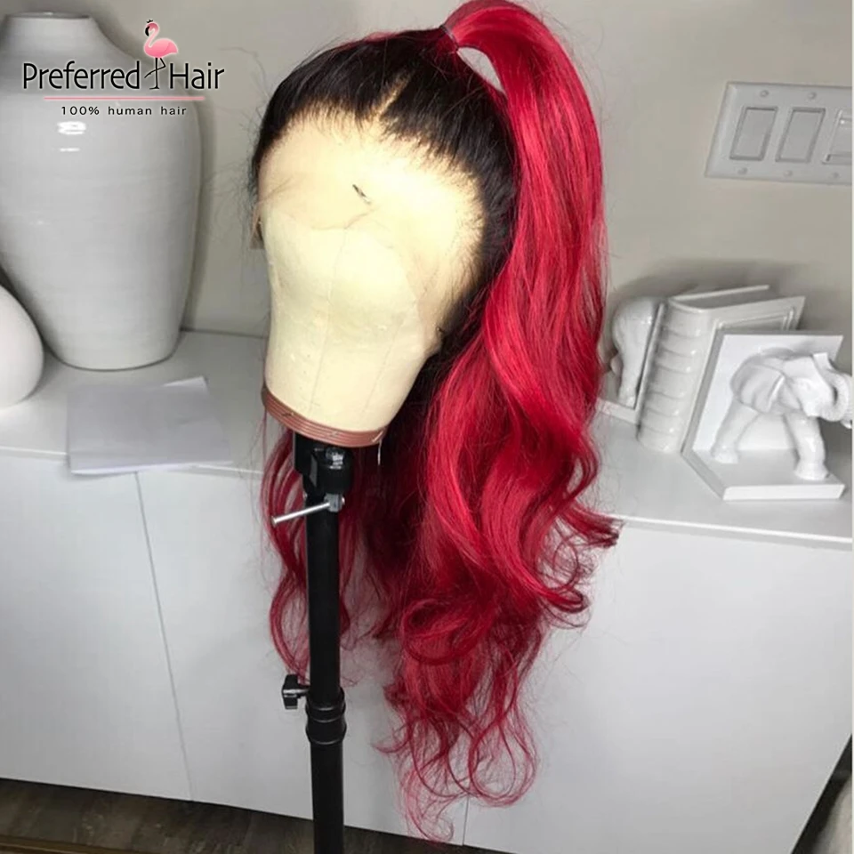 

Preferred Ombre Human Hair Wig Preplucked With Baby Hair Brazilian Remy Hair Glueless Red Lace Front Human Hair Wigs For Women