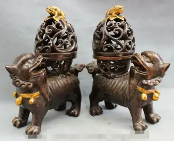 

S0843 9" Chinese Bronze Gilt FengShui Fu Foo Dog Lion Statue Incense Burner Shou Zun