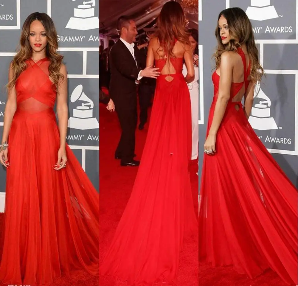 55th Grammy Rihanna Dresses 2016 Red High Neck Open Back Red Carpet Celebrity Dresses Red Sheer