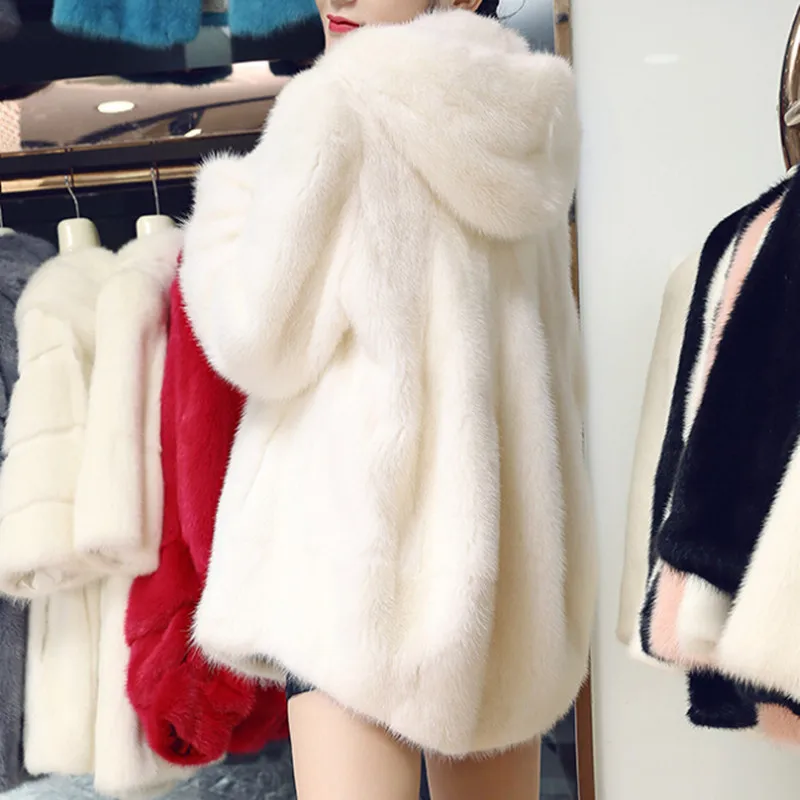 2021 Brand Real Sheared Fur Coats For Women Faux Fur Jacket Fake Mink Coat Hooded Female Clothes
