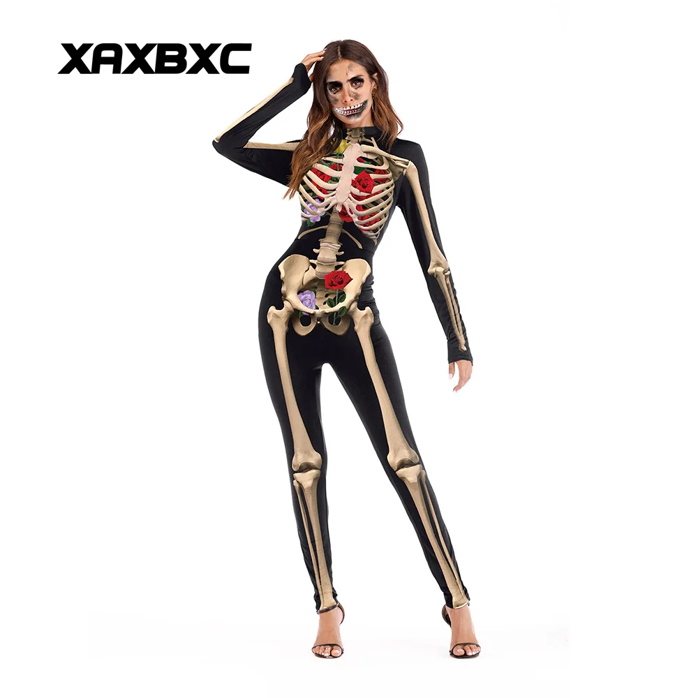 

New 003 Sexy Femme Bodysuit Halloween Rose Flower Skull Skeleton Cosplay Prints Playsuit Overalls Tights Fitness Women Jumpsuits