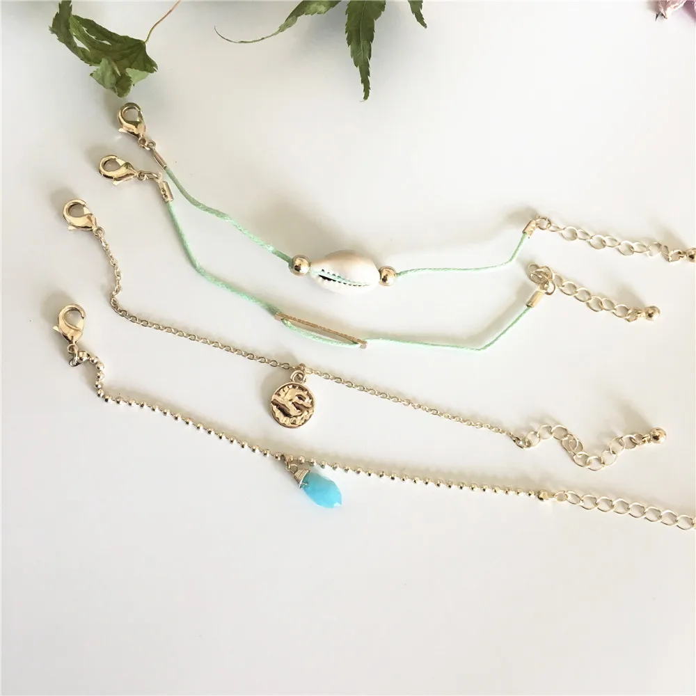 

TRENDY HOT SUMMER GOLD COLOR PLATING NATURAL SHELL CONCH BAR WATER DROP STONE CHARM LAYERED BRACELET ANKLET FOR WOMEN
