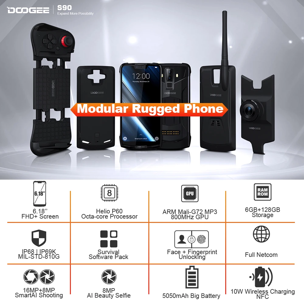 Модульный усиленный телефон DOOGEE S90 6 18 дюймовый дисплей 5050 мАч Helio P60 восемь ядер