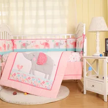 7 шт., розовые детские бортики для кроватки с вышивкой слона, белье для детской кроватки, комплект для новорожденных с героями мультфильмов, включает в себя(4 бампера+ одеяло+ покрывало для кровати+ юбка для кровати