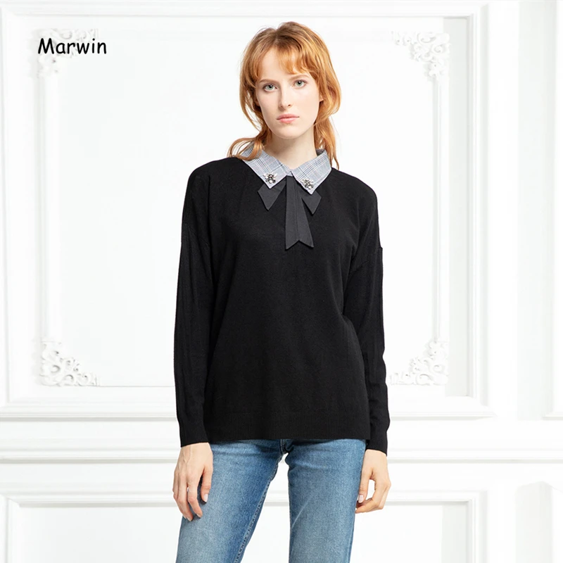

Marwin 2019 New-Coming Autnum Winter Plaid V-Neck Lace-Up High Street Style Women Pullovers Female Turtleneck Women Sweaters