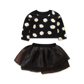 

New Autumn Toddler Girls Clothing Set Chrysanthemum Printing Long Sleeve Tops+black Skirt 2pcs Newborn Infant Baby Girl Clothes