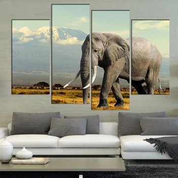 

4 Pcs/Set Large Animals Elephant in National Park of Kenya Elephant Canvas Print Painting Modern Africa Wall Art Home Decor