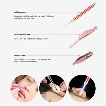 

LED Light Ear Syringe Ear Pick Removal Nose Clean Clip Baby Ear Nose Clean Tweezer Set FJ88