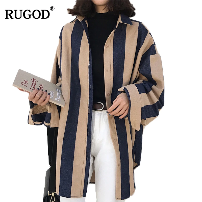 RUGOD الأزياء مخطط زر طويلة النساء قمصان بدوره إلى أسفل طوق طويل كم إمرأة قمم و البلوزات عارضة فضفاضة المرأة بلوزة