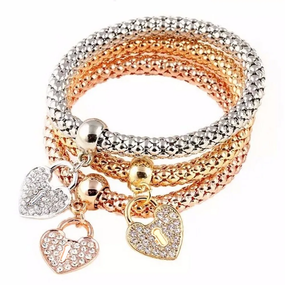 Cute Multilayer Bangles Bracelet 3Pcs Sparking Women Gold Filled Heart