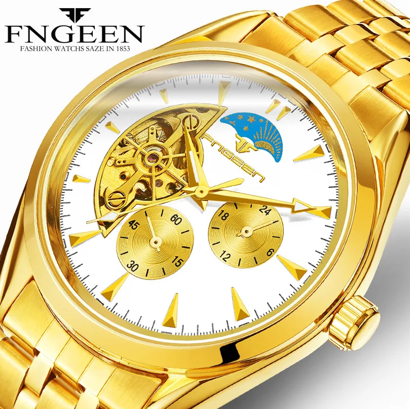

Gold Watch, Sun, Moon And Star Automatic Mechanical Watch European Business Men's Watch Hollow-out Automatic Waterproof watch