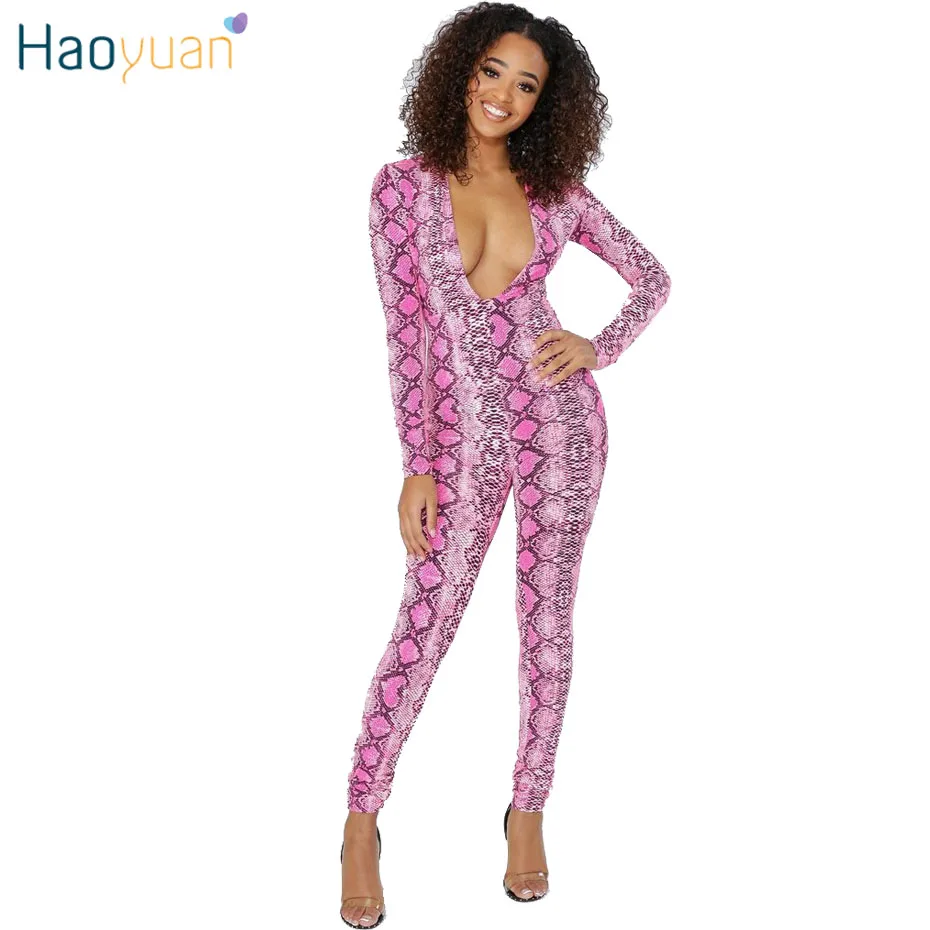 

HAOYUAN Snake Skin Print Sexy Jumpsuit Streetwear Deep V-neck Long Sleeve Overalls One Piece Bodycon Rompers Womens Jumpsuit