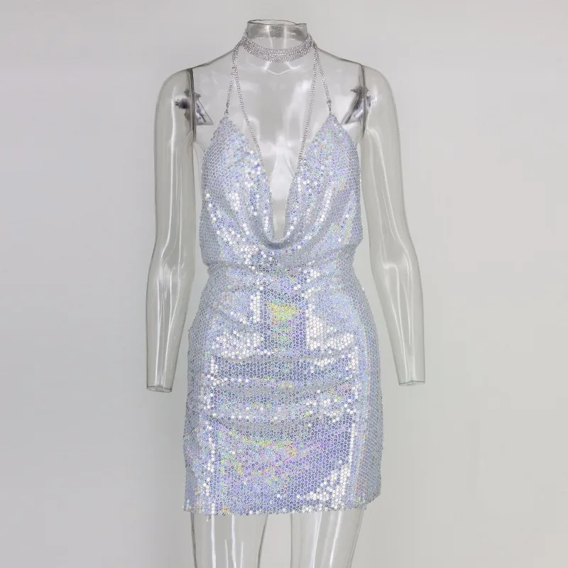 COSYGAL модное женское платье с лямкой на шее, с открытой спиной, с бриллиантами, шикарные платья, мини-платья с блестками для ночного клуба - Цвет: Многоцветный