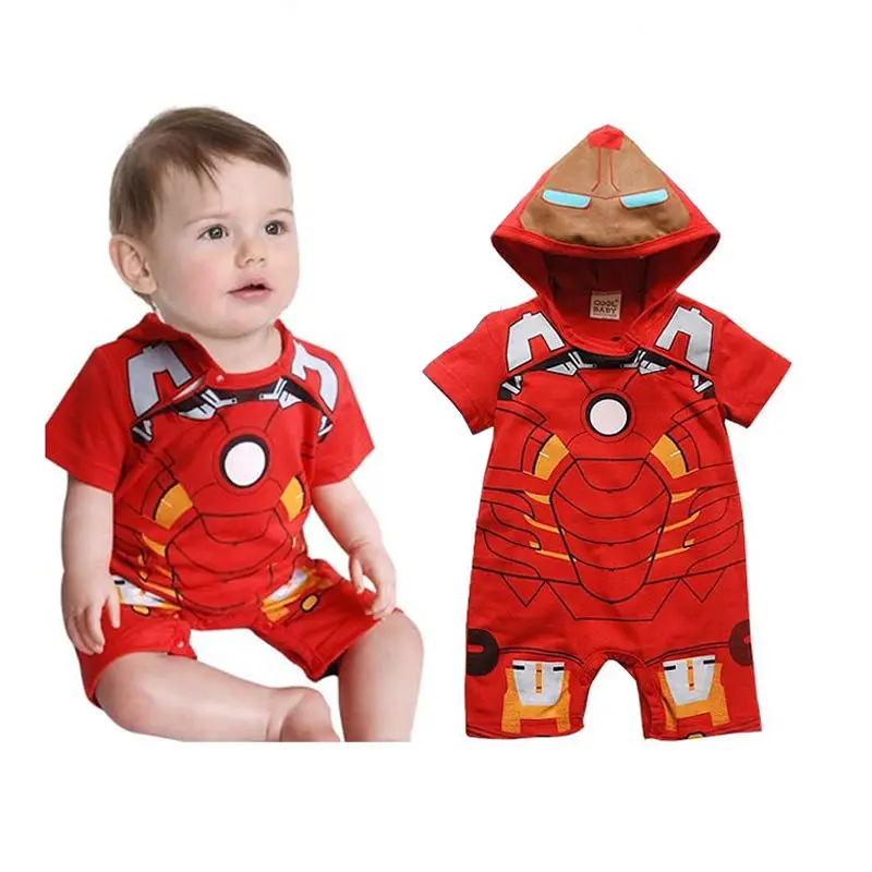 

2016 New summer Hot sale Boy IronMan Jumpsuit Rompers Short Sleeve Hooded Costume Baby Rompers Outfit One-pieces Clothes 3-18M