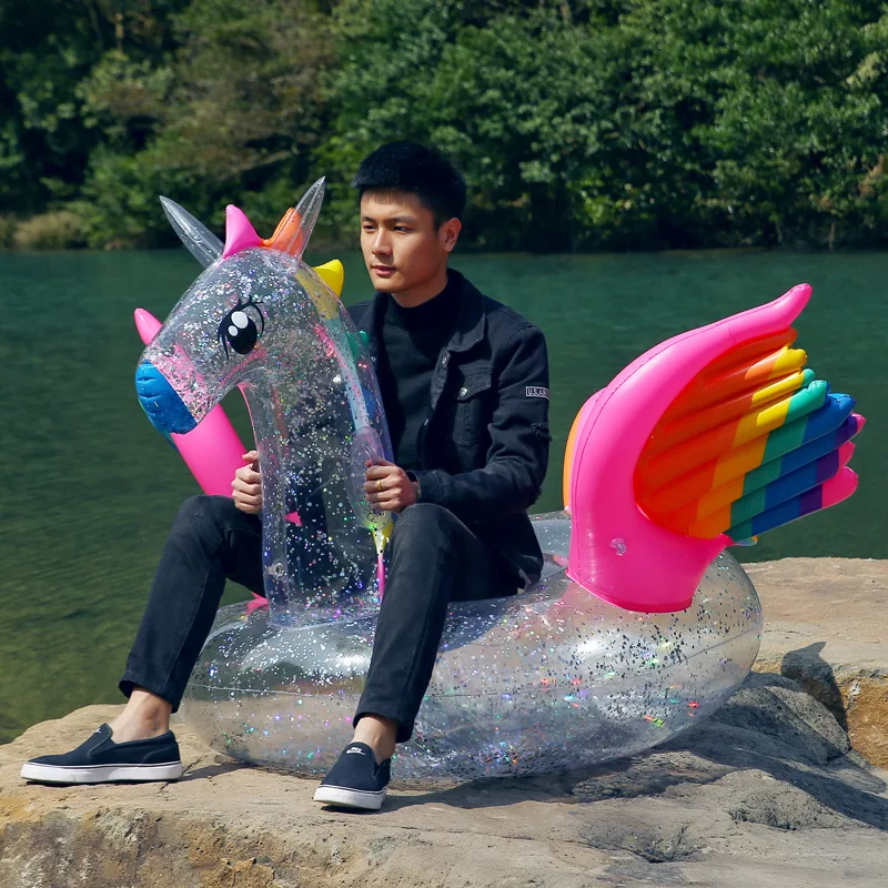 180 cm gonflable holographique paillettes licorne piscine flotteur Transparent arc-en-ciel Pegasus cheval anneau de natation adulte enfants eau amusant jouet - 4