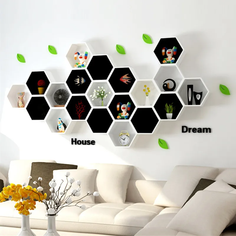 Деревянная Шестигранная полка для хранения, Настенная декоративная подвесная Книжная полка для детской комнаты, Цветная декоративная настенная стойка для гостиной