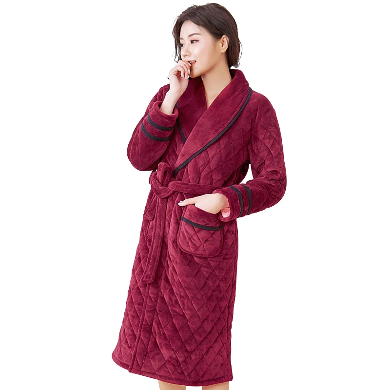Women Thermal Pure Colour Long Cotton Bathrobe Female Warm Thick
