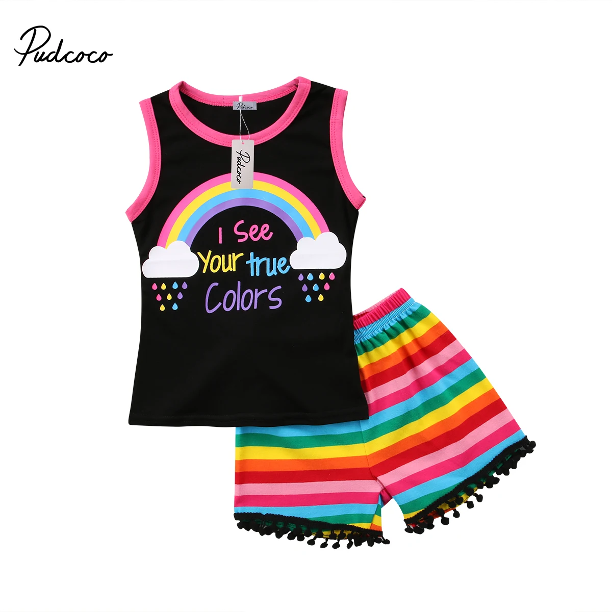 

2018 Brand New Cute Toddler Infant Child Kid Baby Girl Cotton Top T-shirt Shorts Clothes Summer Rainbow Colorful Outfit Set 1-6T