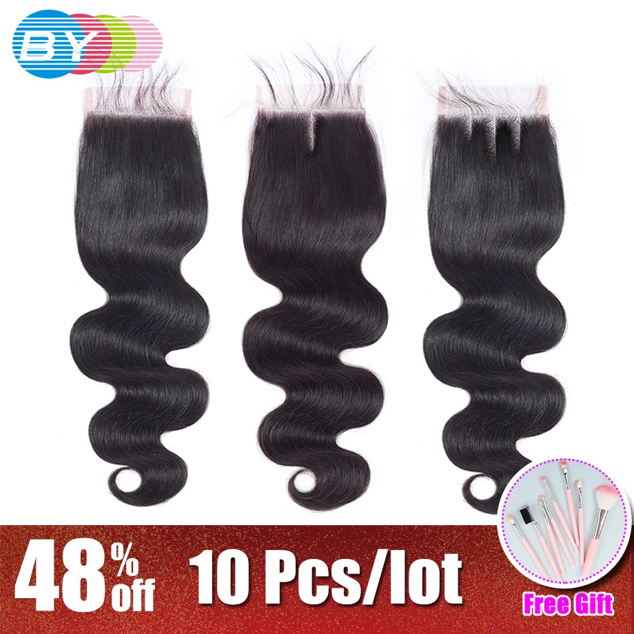 

BY Brazilian Hair Body Wave 4*4 Lace Closure 100% Human Hair Natural Color Remy Hair Free/Middle/Three Part Closure 10 Pcs/Lot