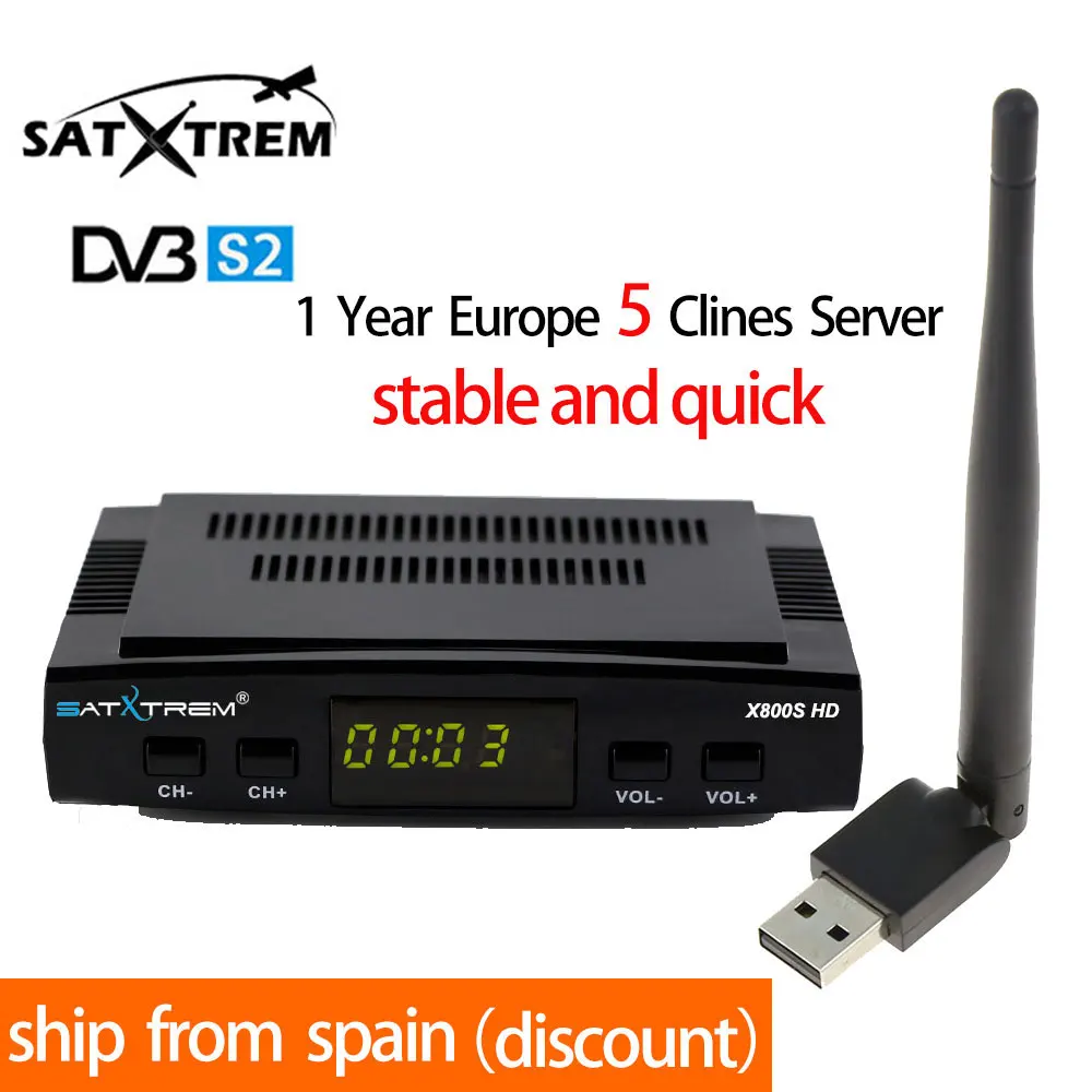 Satxtrem X800S HD DVB-S2 Receptor Satellite TV Receiver Decoder+USB WIFI Receptor suppor 1 year Europe 5 cline pk V7 HD Receiver