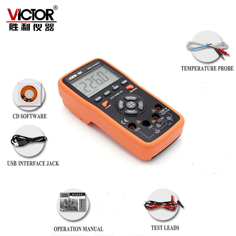 

VICTOR VC70C 6000 Counts Key Touch Auto Range 10A Resistance Capacitance Frequency Temperature Digital Multimeter