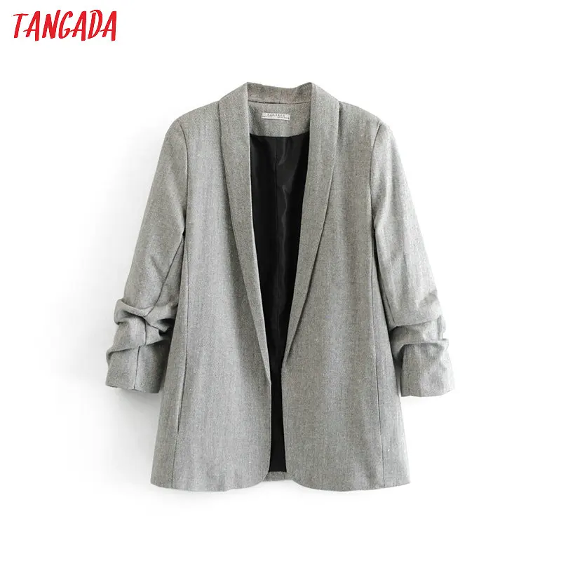 

Tangada woman blazer grey korea style chic blazer three quarter sleeve office lady blazer coat female retro outerwear tops DA07