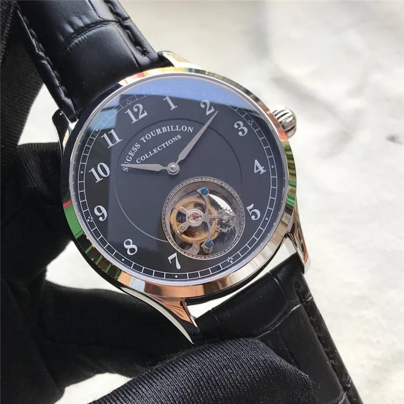 

Fashion Black Dial Men Manual Hollow Tourbillon Mechanical Watch Seagull ST8002 Movement Man Wrist Watches Sapphire Male Clock