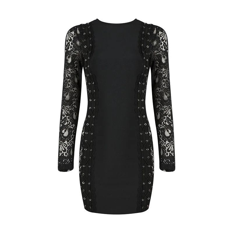 Noir 2017 Dentelle Sexy Designer Mode Hiver Manches Noire Soirée En Moulante Bandage Longues De Robe YHRWcWBwvg