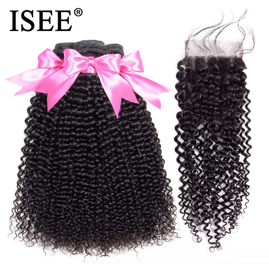 Kinky Curly Bundles With Closure ISEE HAIR 3/4 Bundles With Closure 100% Peruvian Hair Remy Human Hair Bundles With Closure