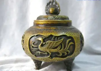 

6" China pure brass fine workmanship carved beautiful four beasts censer statue