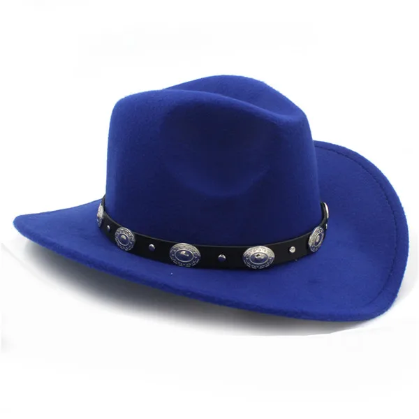 Шерсть Womem мужская Ковбойская шляпа с широкими полями в стиле панк с поясом ковбойская джазовая Кепка с кожаной кепкой Toca джентльмен сомбреро Кепка 23 - Цвет: Blue