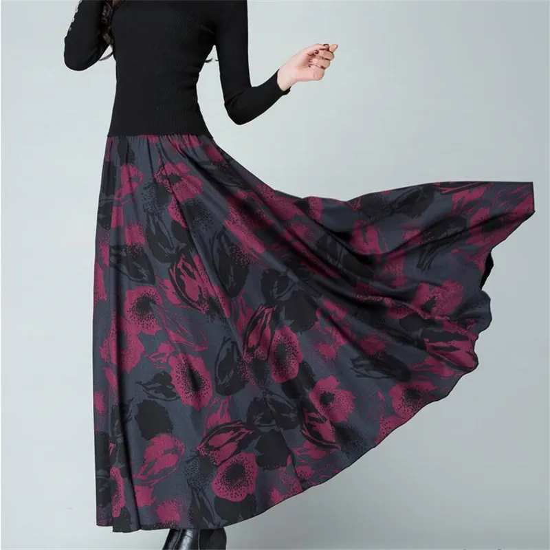 Новая Женская осенне-зимняя шерстяная модная плиссированная юбка с принтом, юбка с высокой талией, плотная эластичная талия, длинное, свободное, юбки OKXGNZ1586