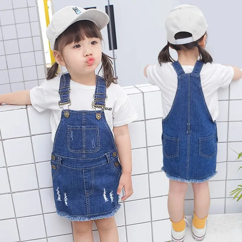 

Denim fabric destory washed dresses girl suspenders dresses belt sundress students dress fit for height 70cm to 130 cm