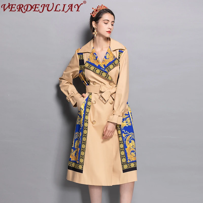 

High Street Ladies Fashion Trench 2019 Early Autumn Print Patchwork Belt Double Breasted Hot Sale Apricot Long Slim Coat
