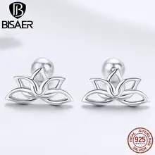 BISAER, 925 пробы, Серебряный цветок лотоса, маленькие серьги-гвоздики для женщин, геометрическая форма, свадебные украшения для помолвки EFE024