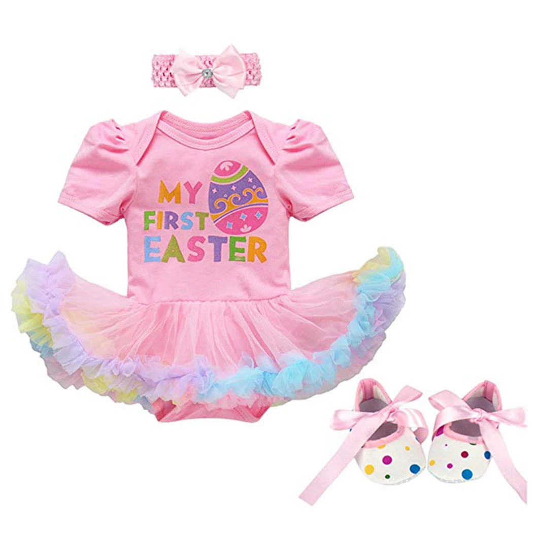 Shoes Headband Outfits Set Party Clothes 3PCS Easter Baby Girls Romper Dress