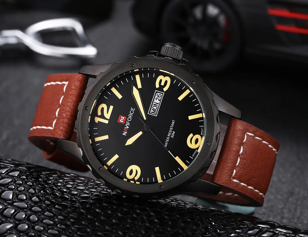 Новые часы NAVIFORCE Relogio Masculino с датой и днем мужские наручные кожаным ремешком