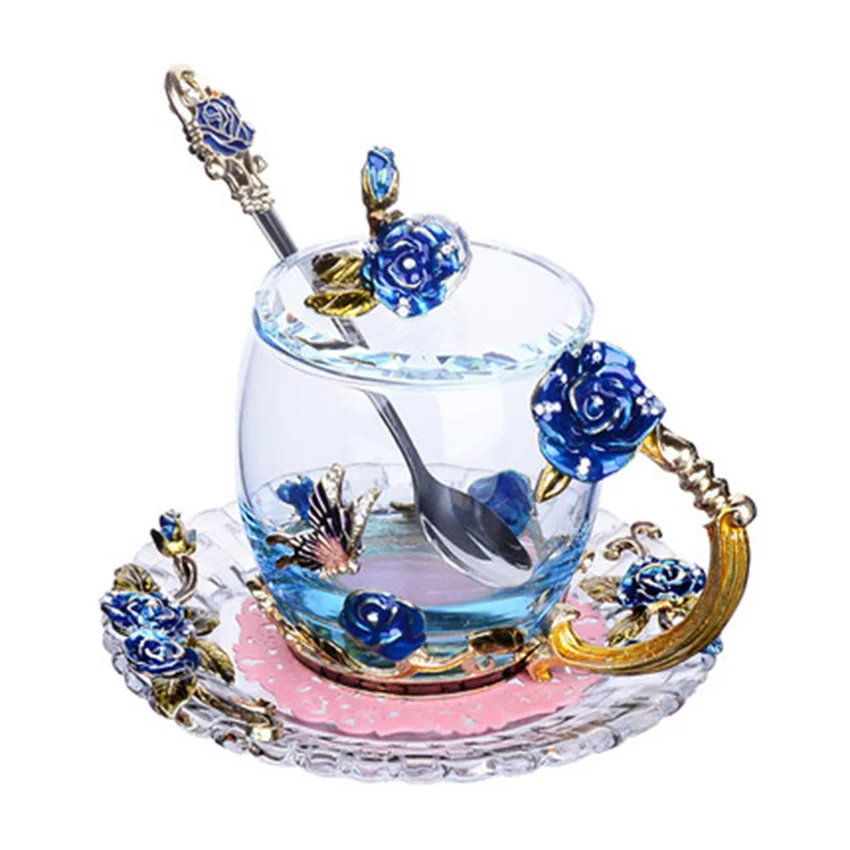 

GFHGSD Color Enamel Glass Blue Rose Coffee Mug Handgrip and Rhinestones Decorated Flower Design Drinking Glass Cups With cover