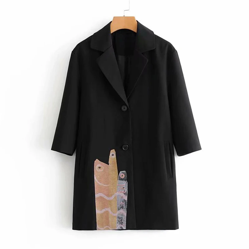 

2019 Women Casual Basic Coat Long Loose Windbreaker Female Spring Loose Jacket For Women Turn Down Collar Printed Jacket