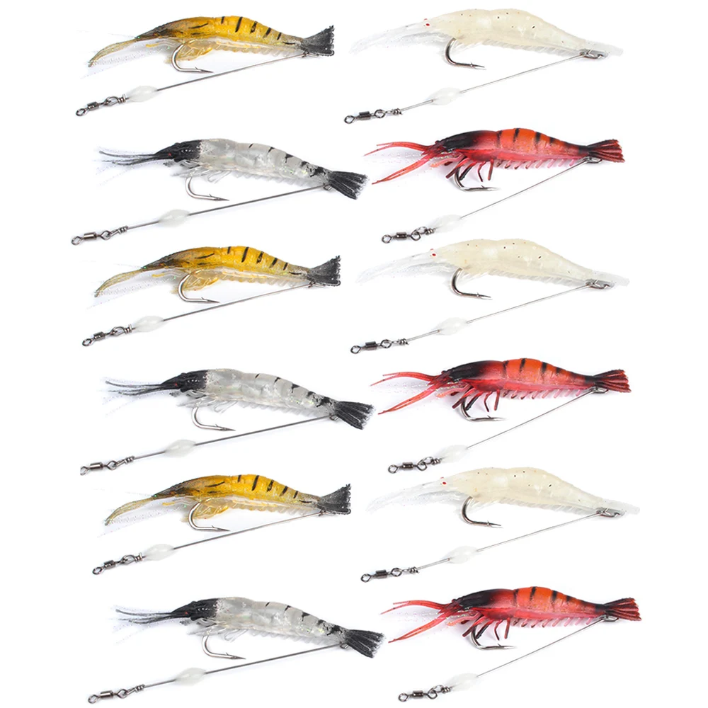 Fishing Shrimp Lures Set Soft Plastic Bait Prawn Rigged Hook Glow in