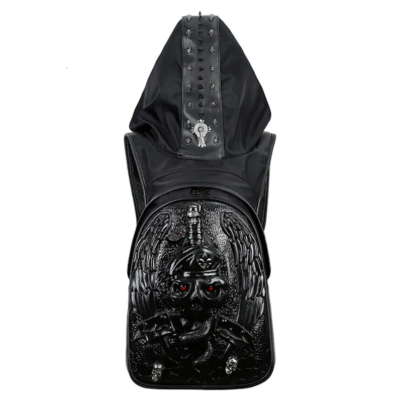 

Mens Back Pack Bags With Hood Cap 3D Fashion Personality Skull Leather Backpack Rivets Apparel Bag Japanese Bag Backpack